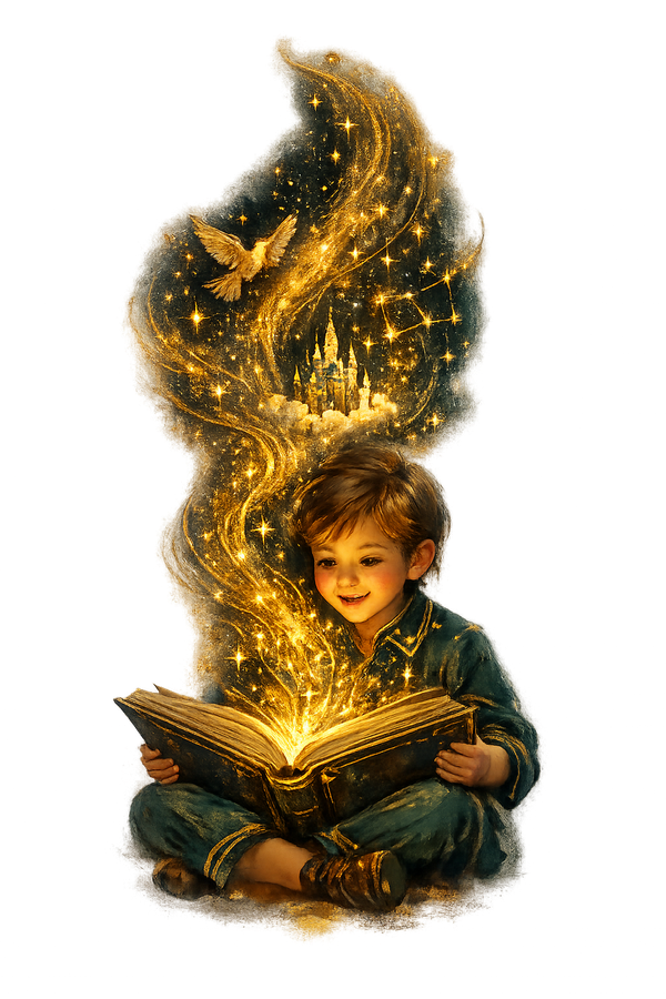 A child reading a book as golden magic — stars, a castle, and a bird — rises from its pages