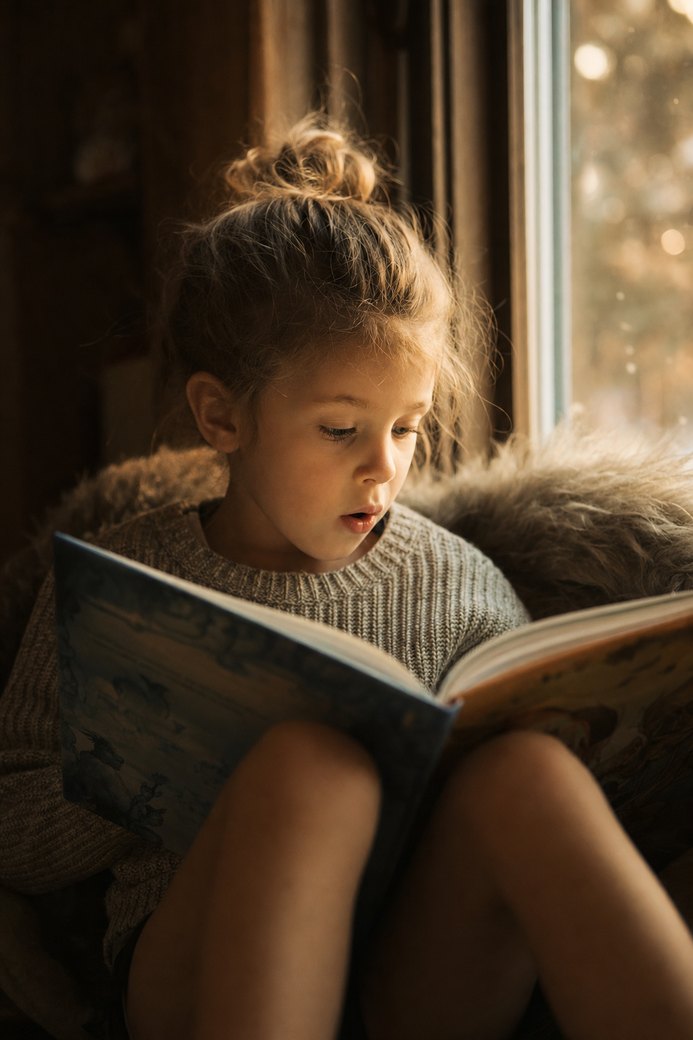 A young child absorbed in reading a storybook by warm window light